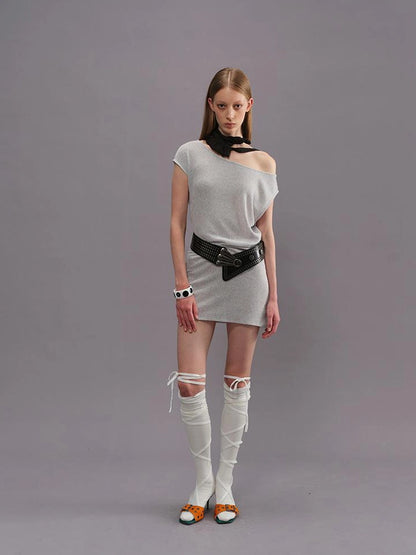 Outmode Light Gray Off Shoulder Cotton Dress