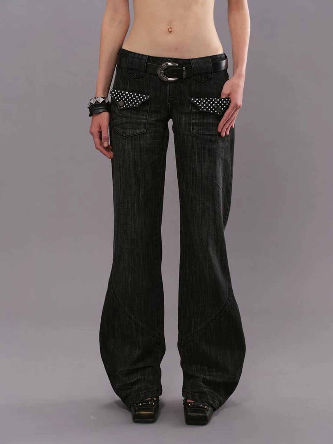 Outmode Low Rise Straight Leg Washed Denim Pants