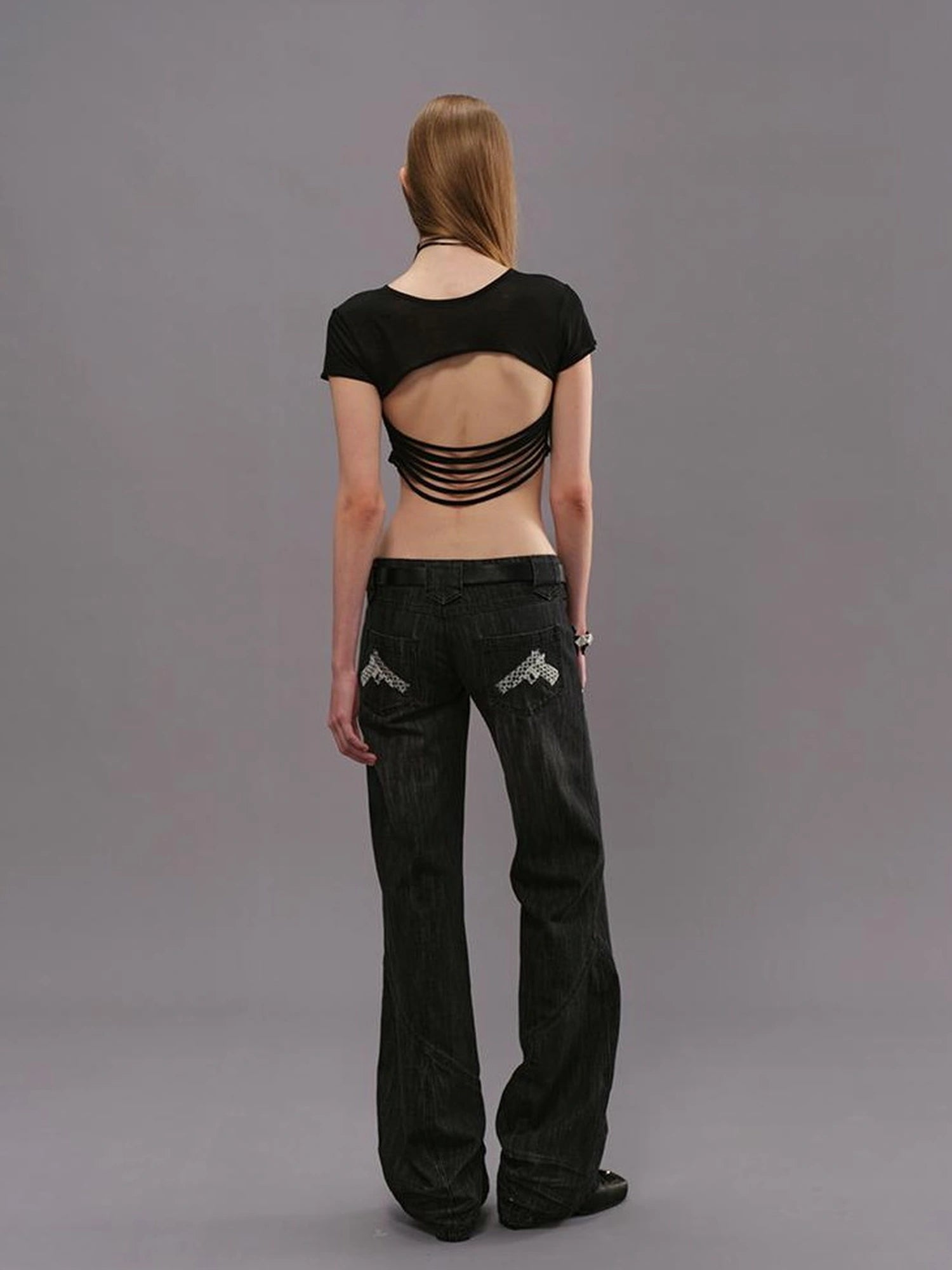 Outmode Low Rise Straight Leg Washed Denim Pants