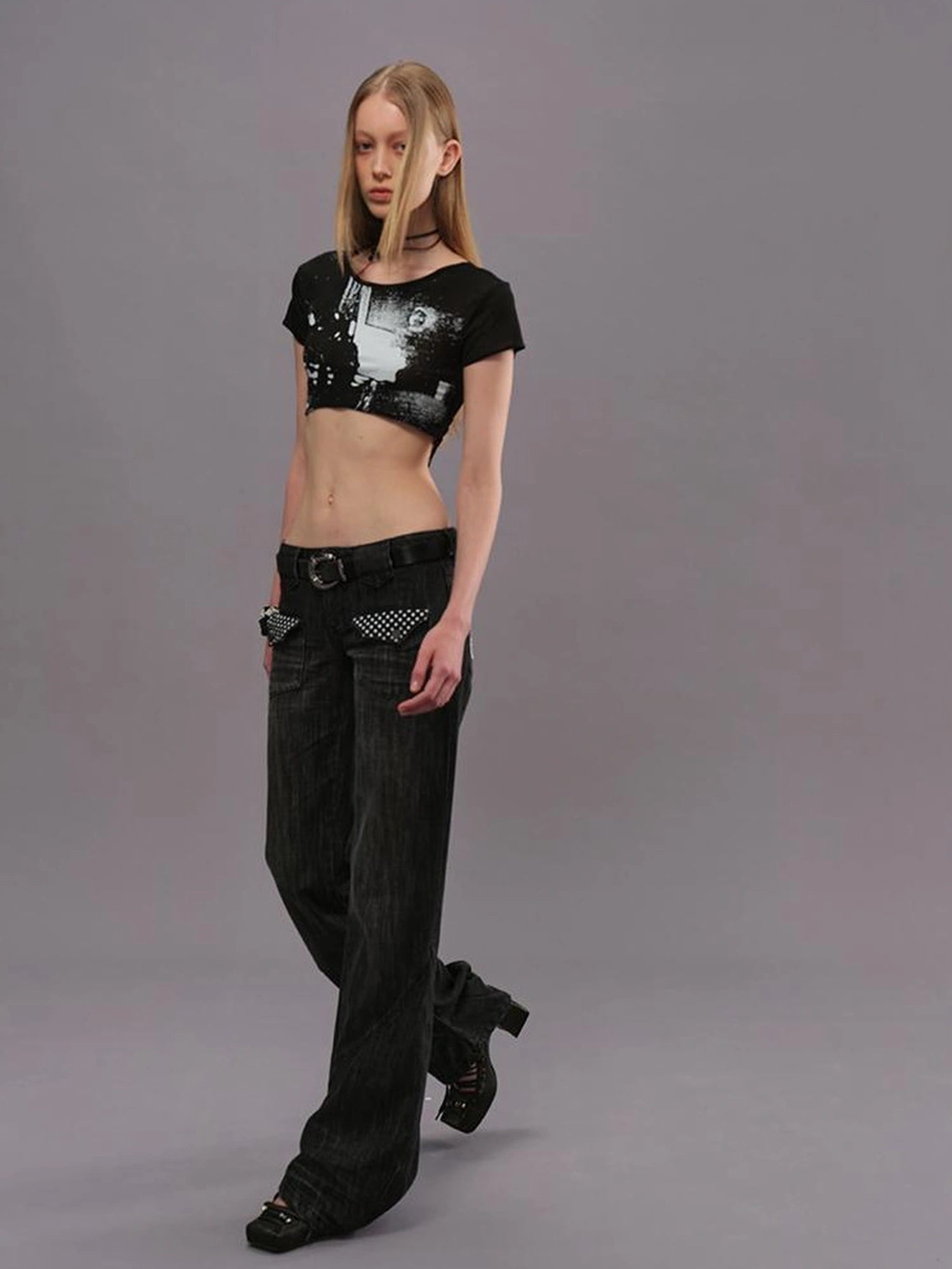 Outmode Low Rise Straight Leg Washed Denim Pants