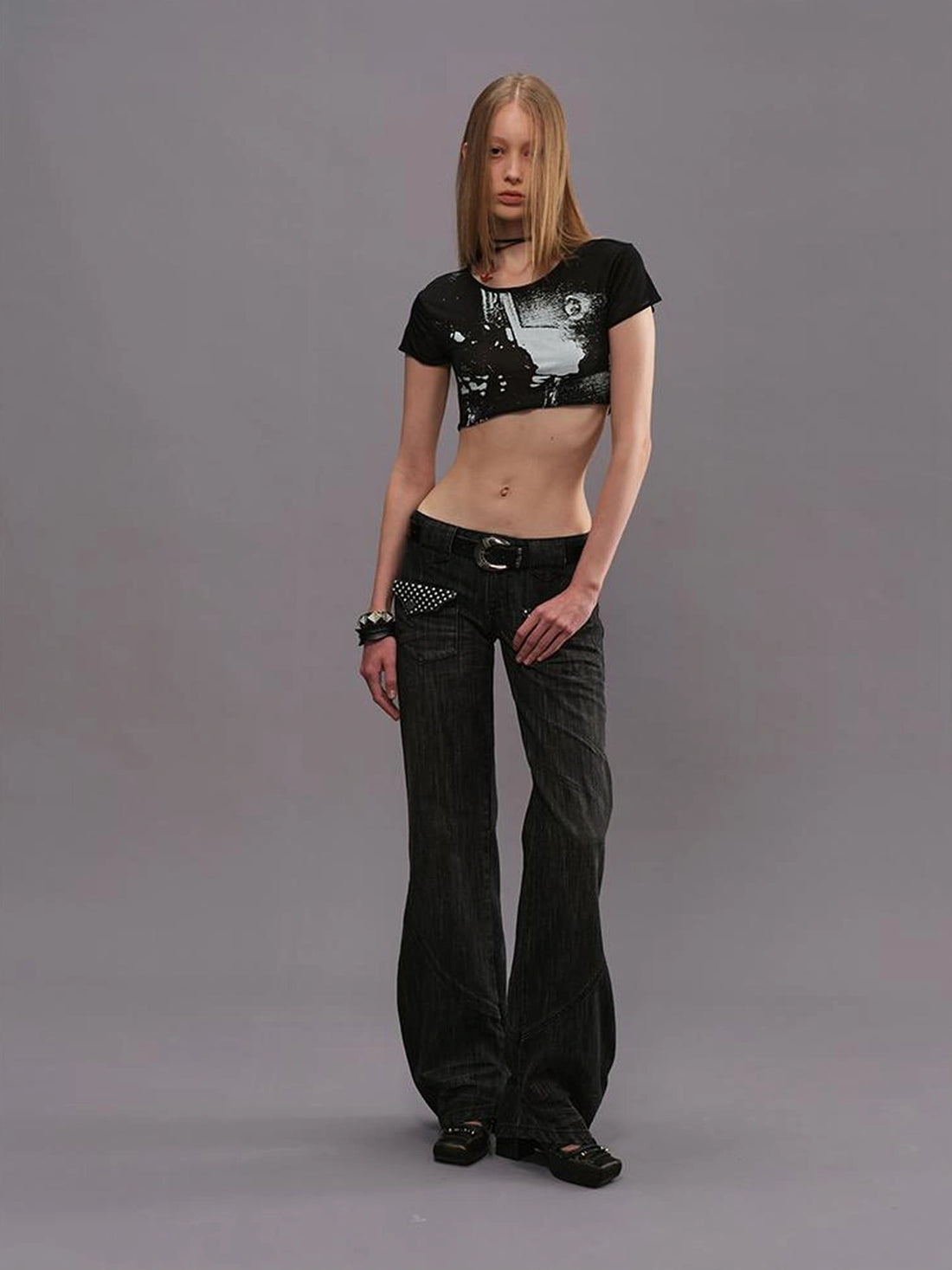 Outmode Low Rise Straight Leg Washed Denim Pants
