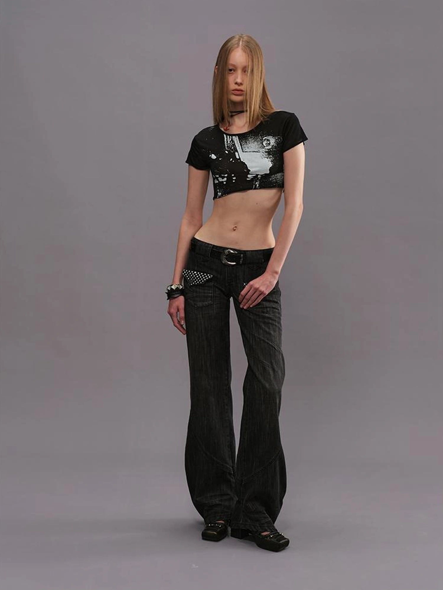 Outmode Low Rise Straight Leg Washed Denim Pants