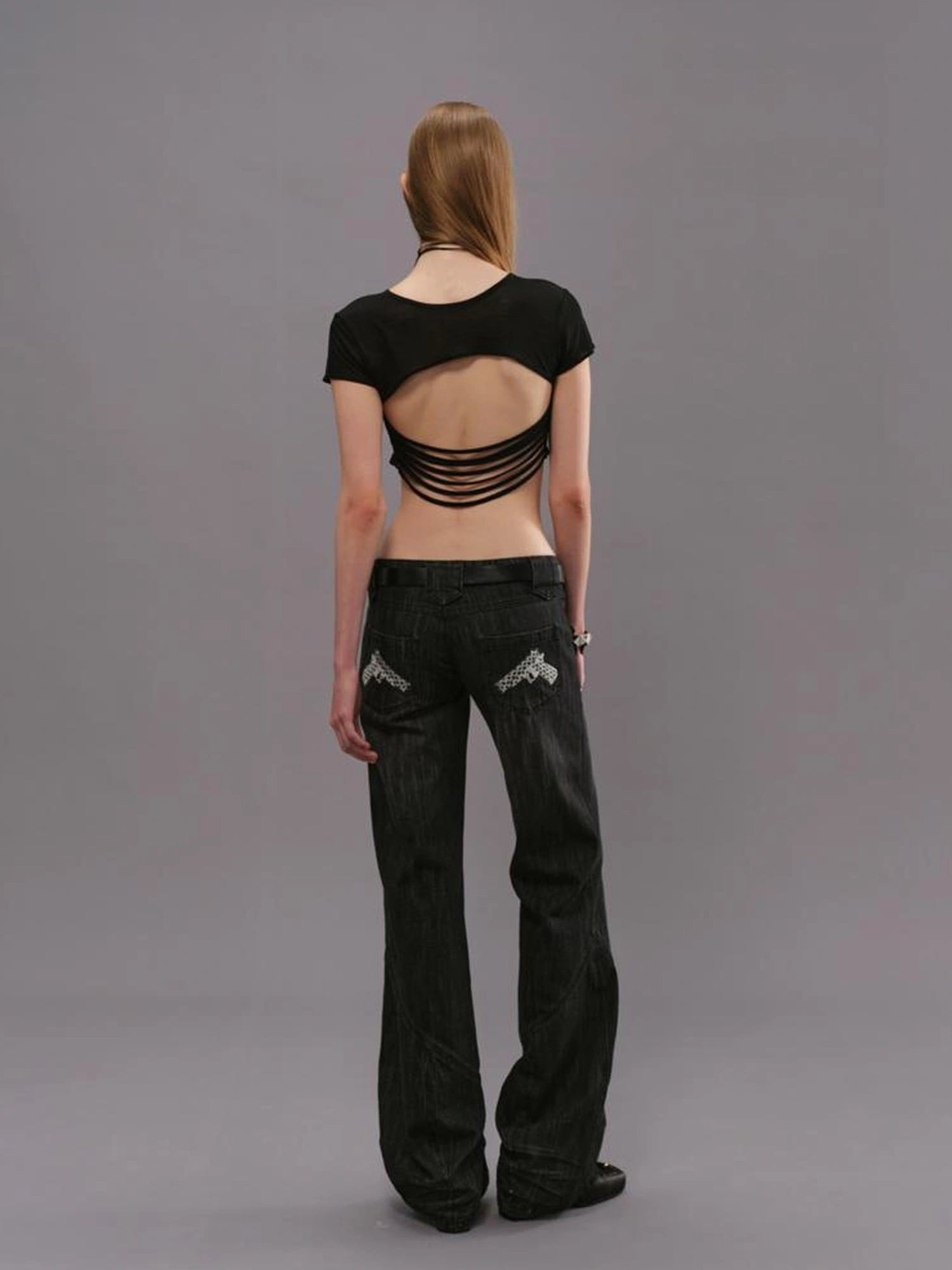 Outmode Low Rise Straight Leg Washed Denim Pants
