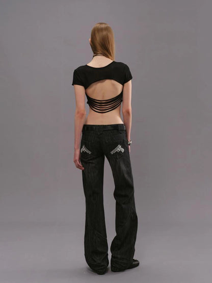 Outmode Low Rise Straight Leg Washed Denim Pants