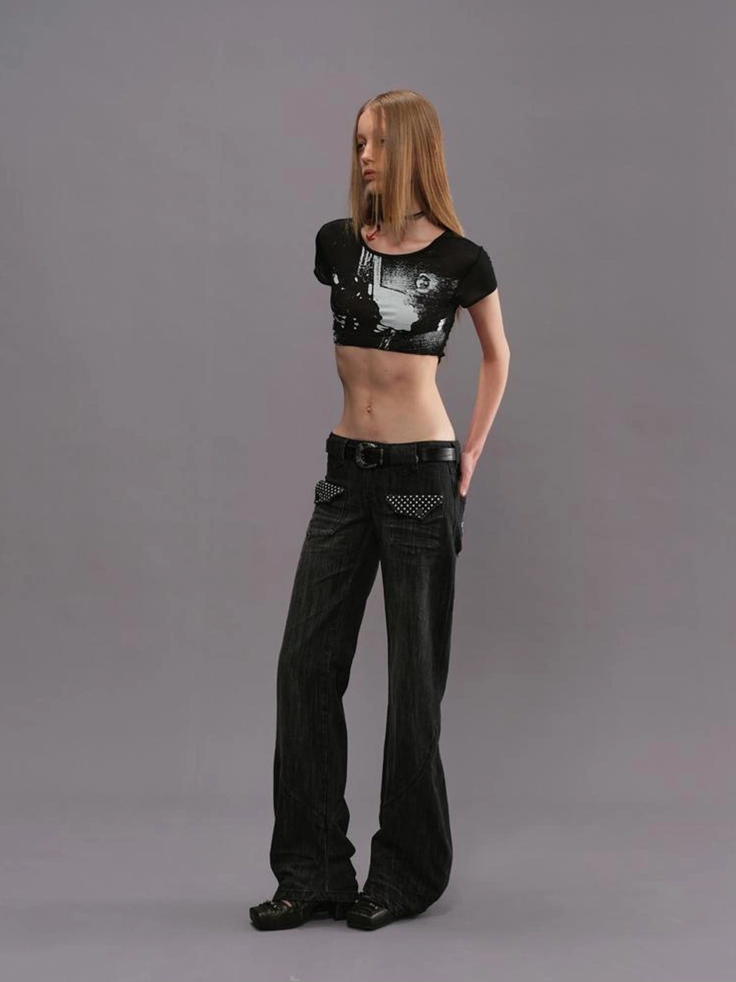 Outmode Low Rise Straight Leg Washed Denim Pants
