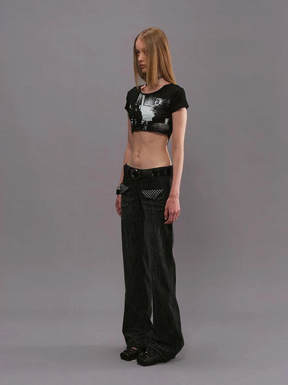 Outmode Low Rise Straight Leg Washed Denim Pants