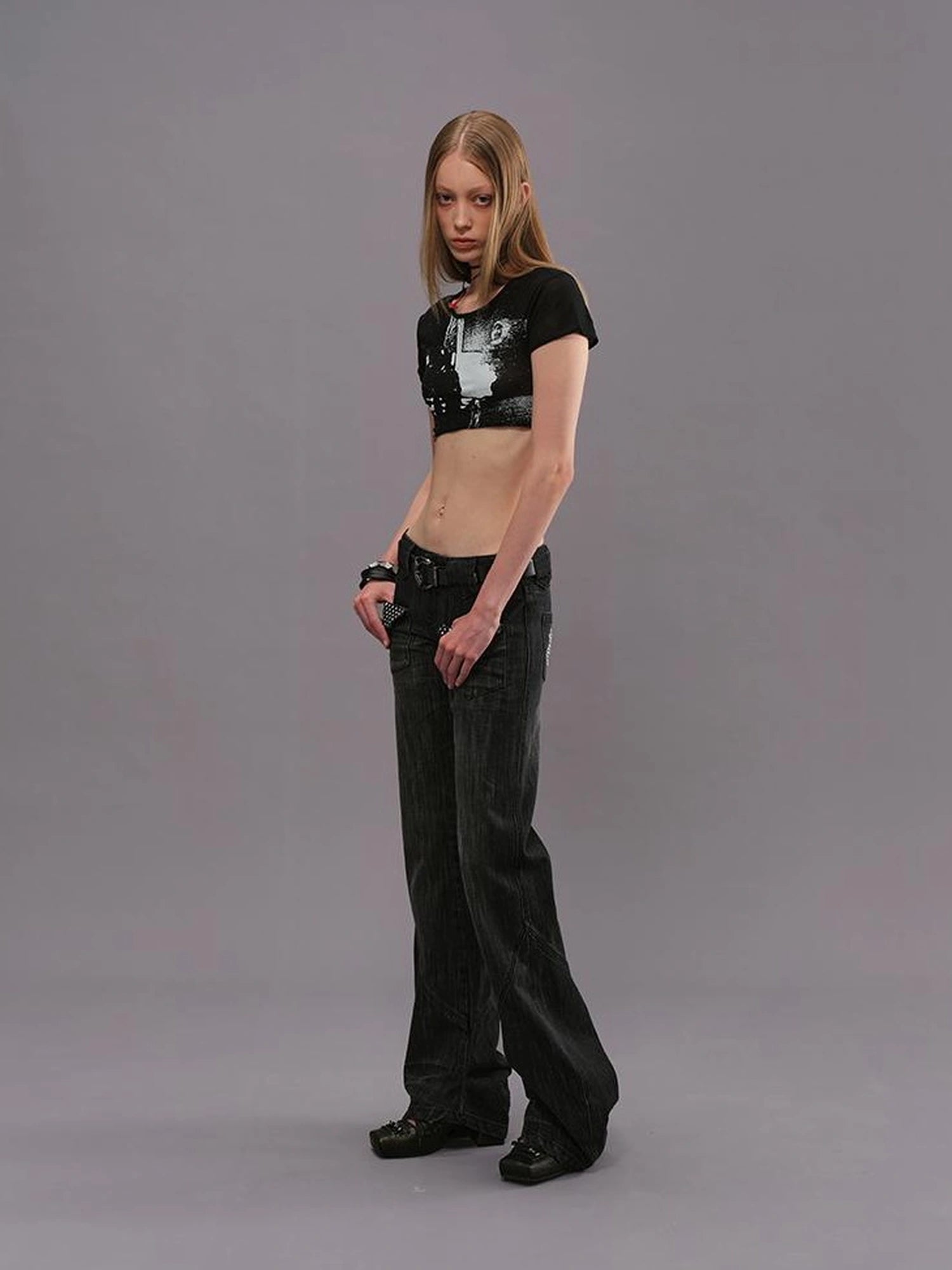 Outmode Low Rise Straight Leg Washed Denim Pants