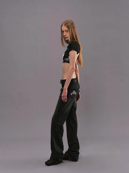 Outmode Low Rise Straight Leg Washed Denim Pants