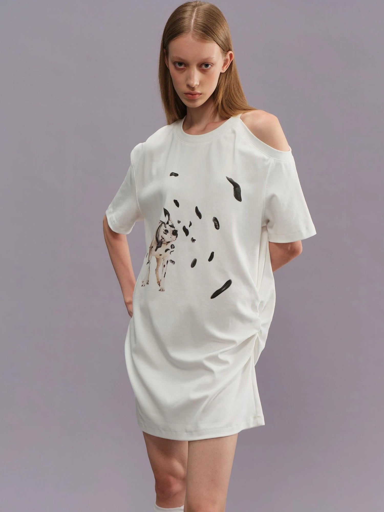 Outmode Off Shoulder Ruffle White T-shirt With Dalmatian Print