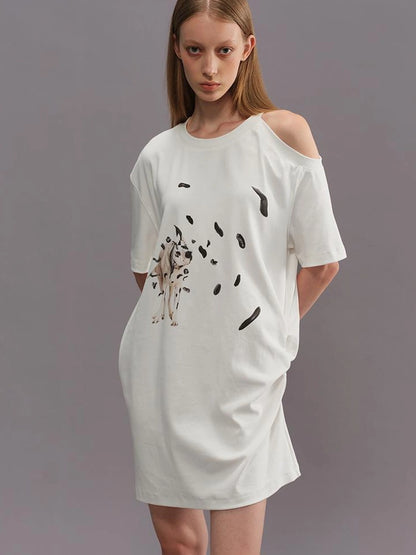 Outmode Off Shoulder Ruffle White T-shirt With Dalmatian Print