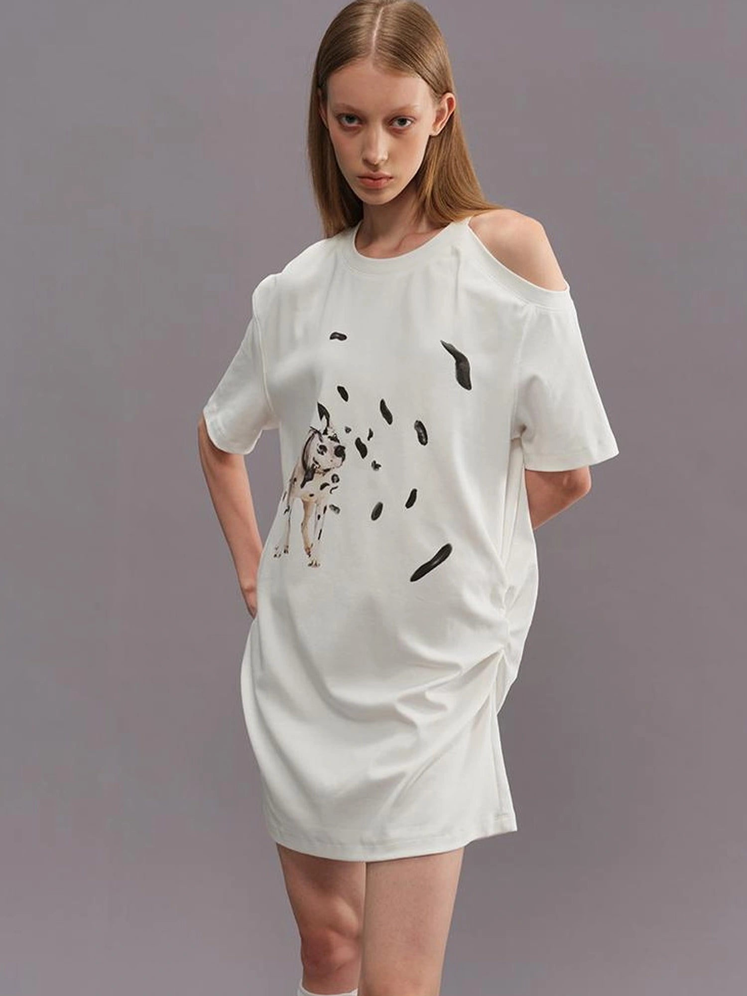 Outmode Off Shoulder Ruffle White T-shirt With Dalmatian Print