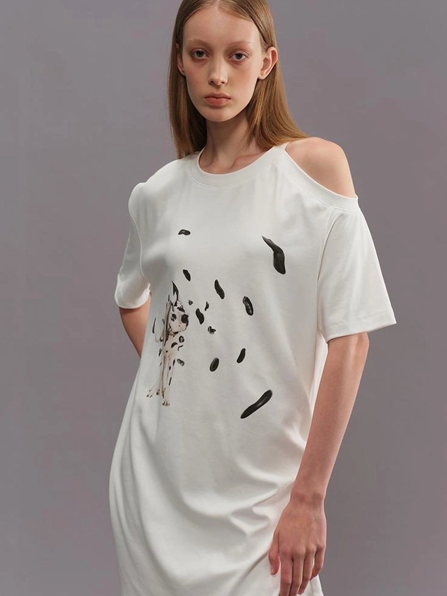Outmode Off Shoulder Ruffle White T-shirt With Dalmatian Print