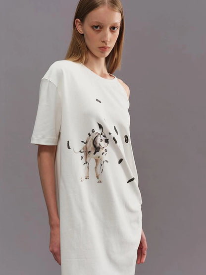 Outmode Off Shoulder Ruffle White T-shirt With Dalmatian Print