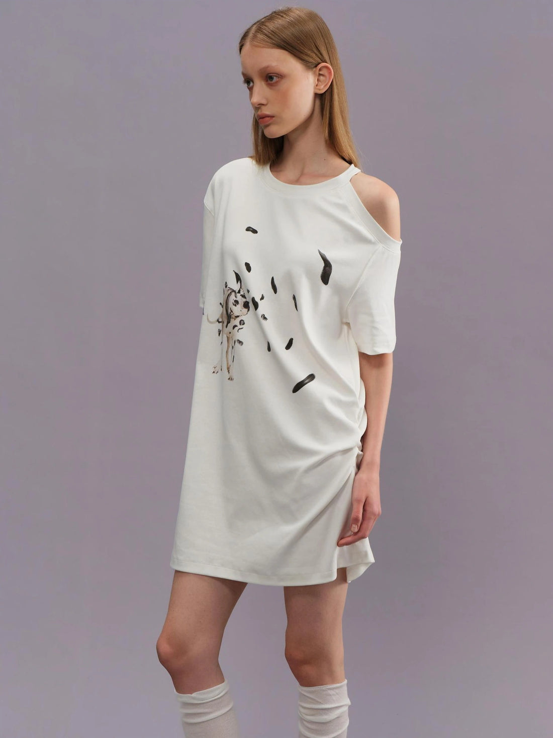 Outmode Off Shoulder Ruffle White T-shirt With Dalmatian Print