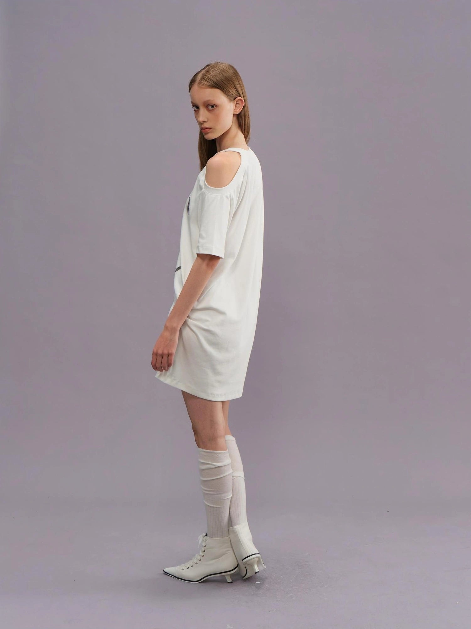Outmode Off Shoulder Ruffle White T-shirt With Dalmatian Print
