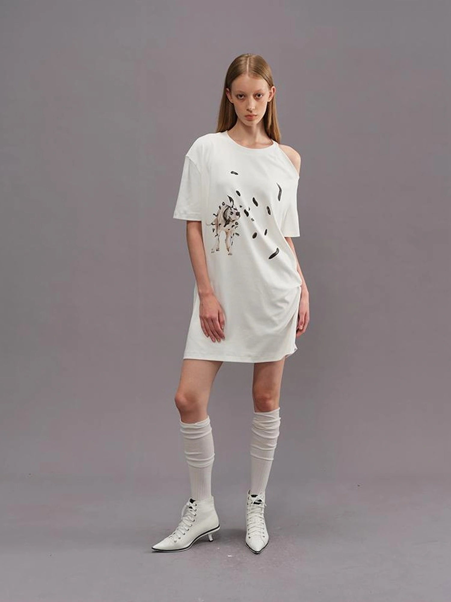 Outmode Off Shoulder Ruffle White T-shirt With Dalmatian Print