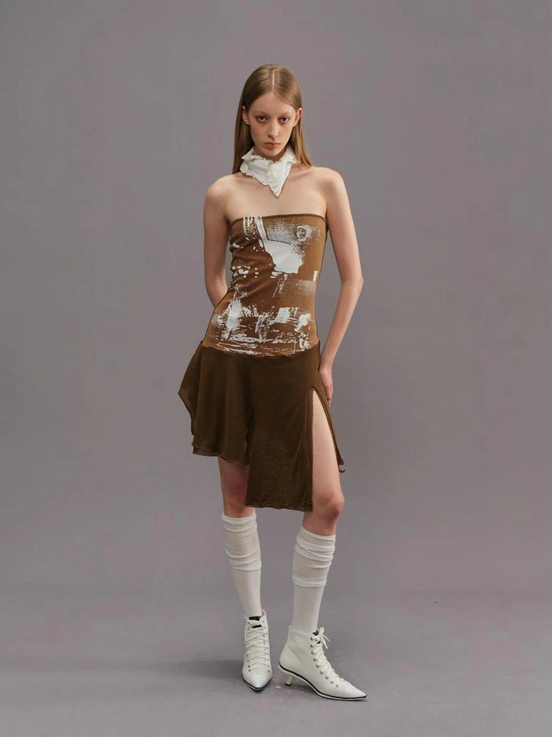 Outmode Outmode 25ss Knit Paneled Print Bustier Dress V-neck T-shirt Long Sleeve