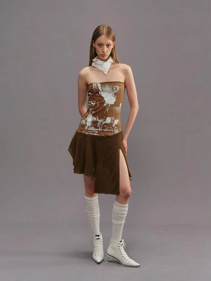 Outmode Outmode 25ss Knit Paneled Print Bustier Dress V-neck T-shirt Long Sleeve