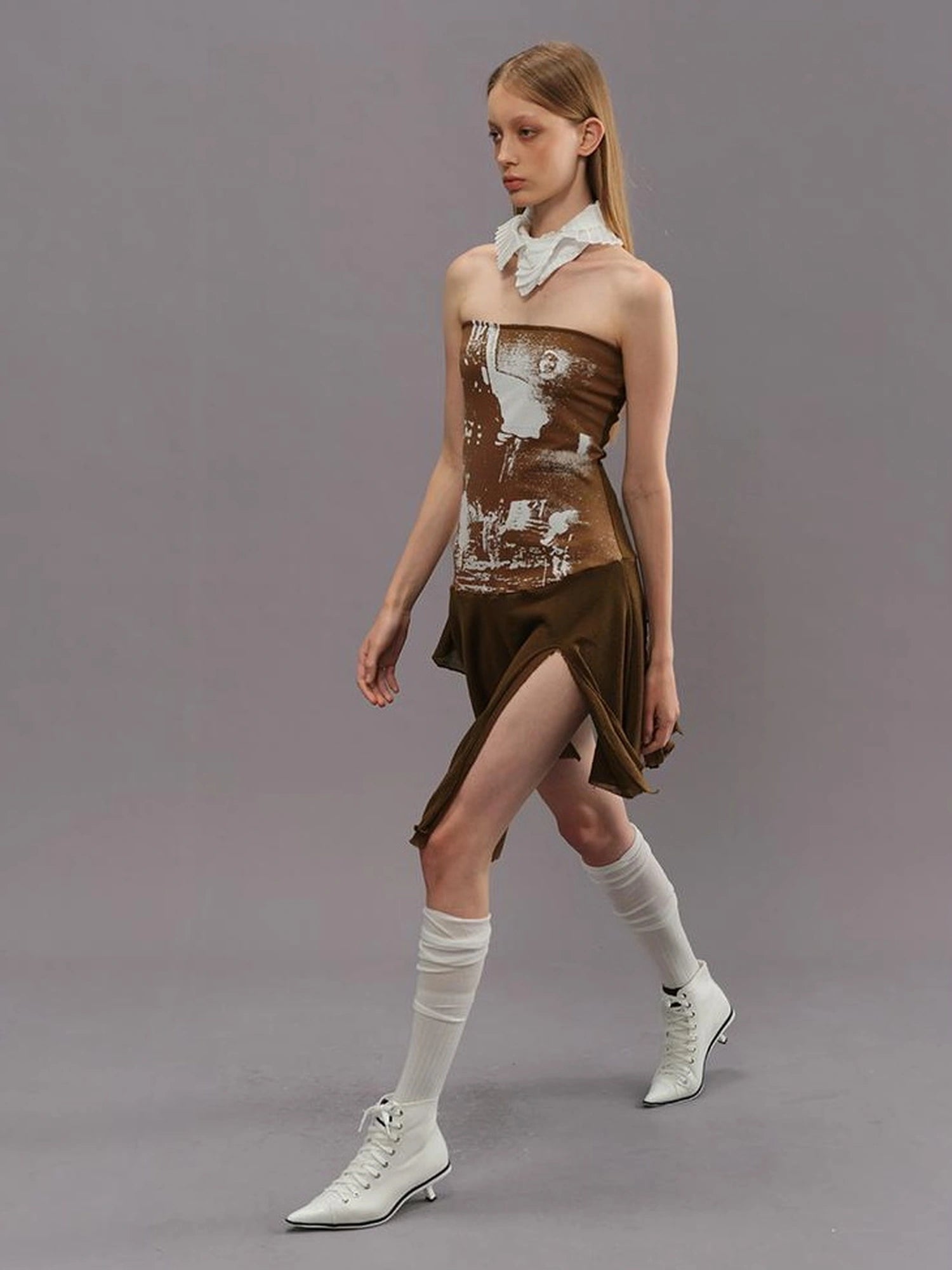 Outmode Outmode 25ss Knit Paneled Print Bustier Dress V-neck T-shirt Long Sleeve