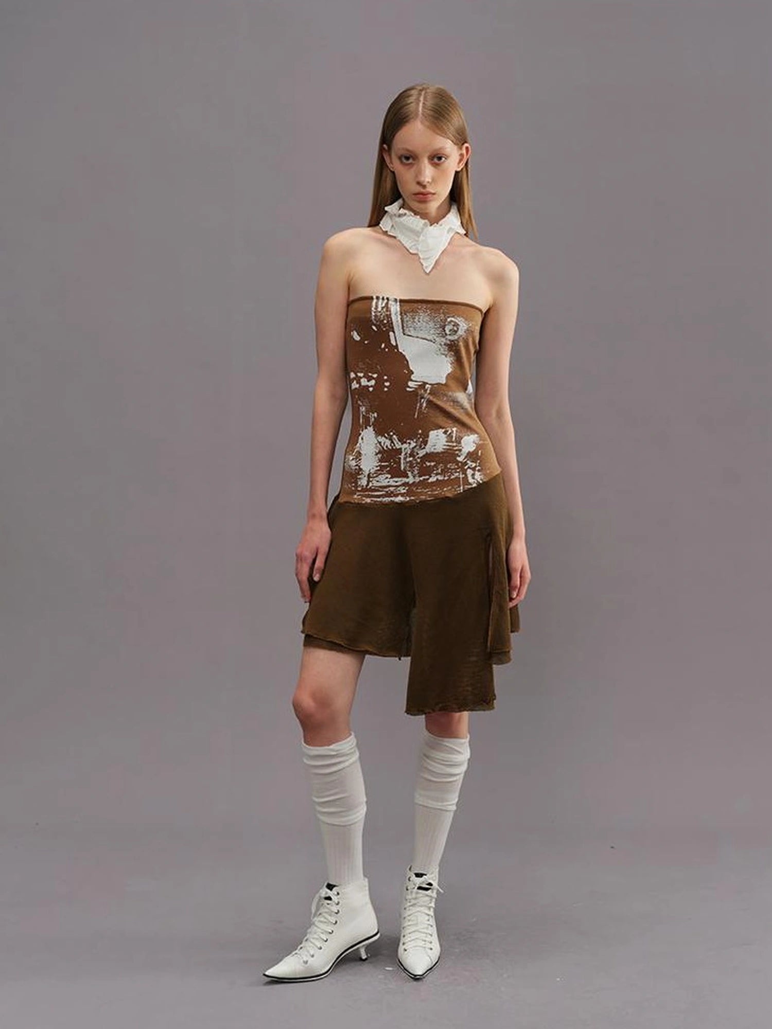 Outmode Outmode 25ss Knit Paneled Print Bustier Dress V-neck T-shirt Long Sleeve
