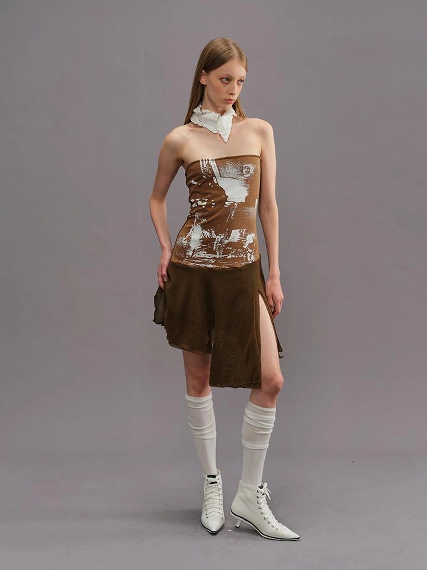 Outmode Outmode 25ss Knit Paneled Print Bustier Dress V-neck T-shirt Long Sleeve