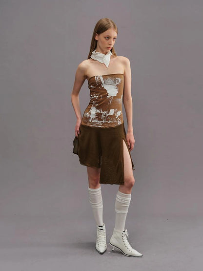 Outmode Outmode 25ss Knit Paneled Print Bustier Dress V-neck T-shirt Long Sleeve