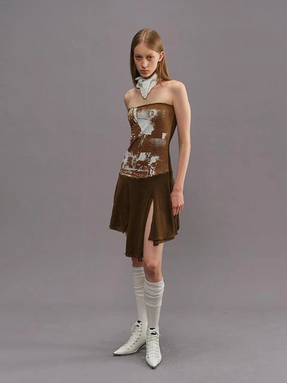 Outmode Outmode 25ss Knit Paneled Print Bustier Dress V-neck T-shirt Long Sleeve