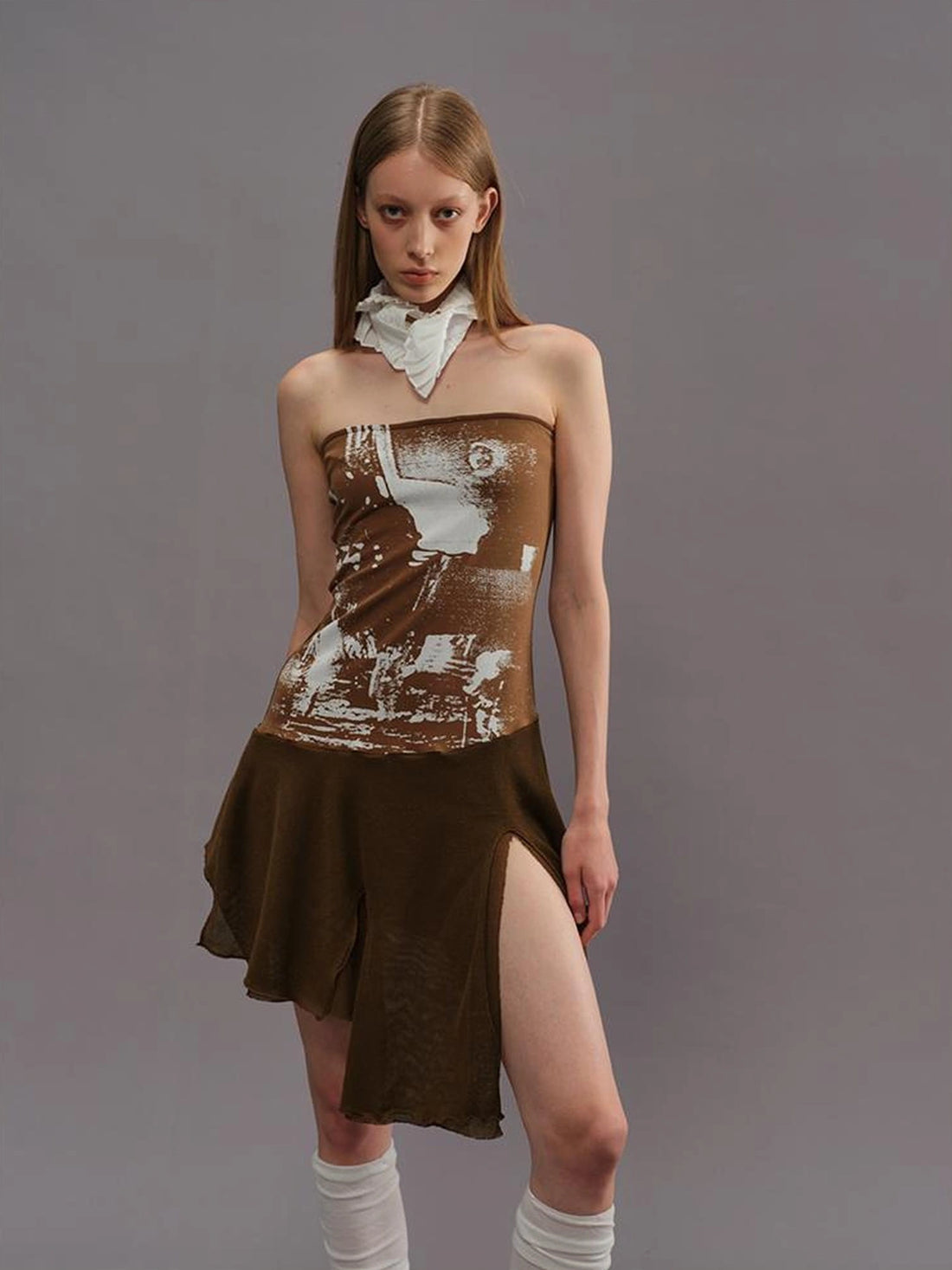 Outmode Outmode 25ss Knit Paneled Print Bustier Dress V-neck T-shirt Long Sleeve