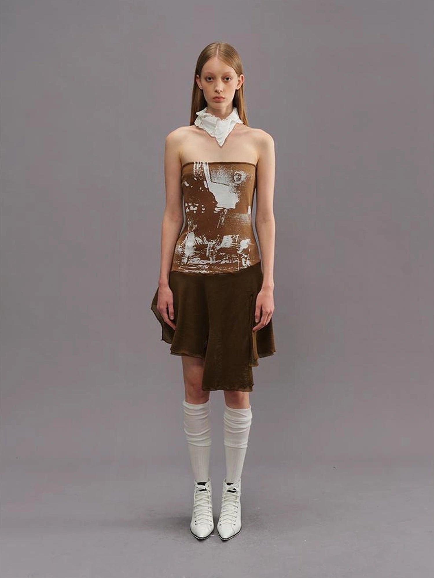 Outmode Outmode 25ss Knit Paneled Print Bustier Dress V-neck T-shirt Long Sleeve