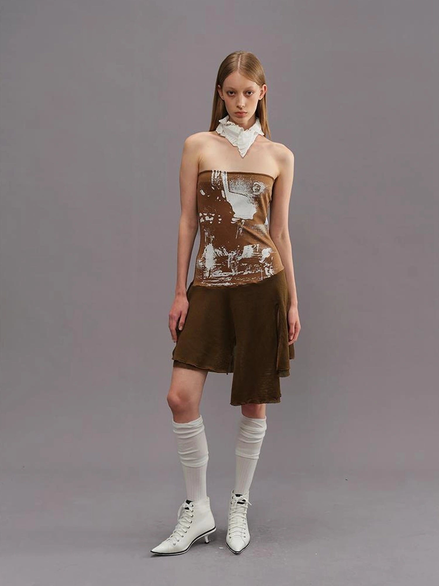 Outmode Outmode 25ss Knit Paneled Print Bustier Dress V-neck T-shirt Long Sleeve