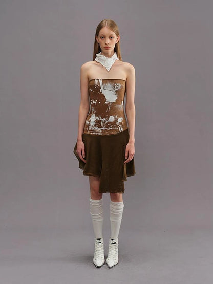 Outmode Outmode 25ss Knit Paneled Print Bustier Dress V-neck T-shirt Long Sleeve
