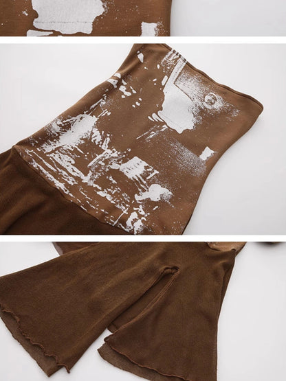 Outmode Outmode 25ss Knit Paneled Print Bustier Dress V-neck T-shirt Long Sleeve