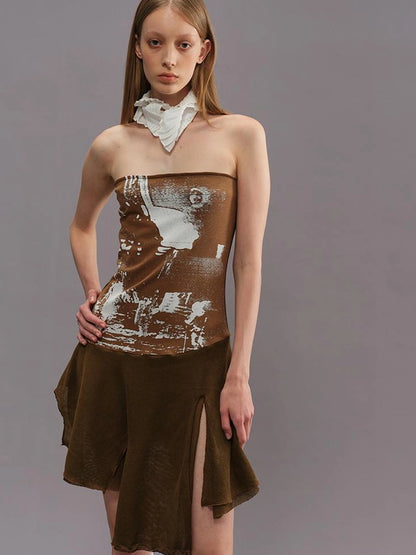 Outmode Outmode 25ss Knit Paneled Print Bustier Dress V-neck T-shirt Long Sleeve