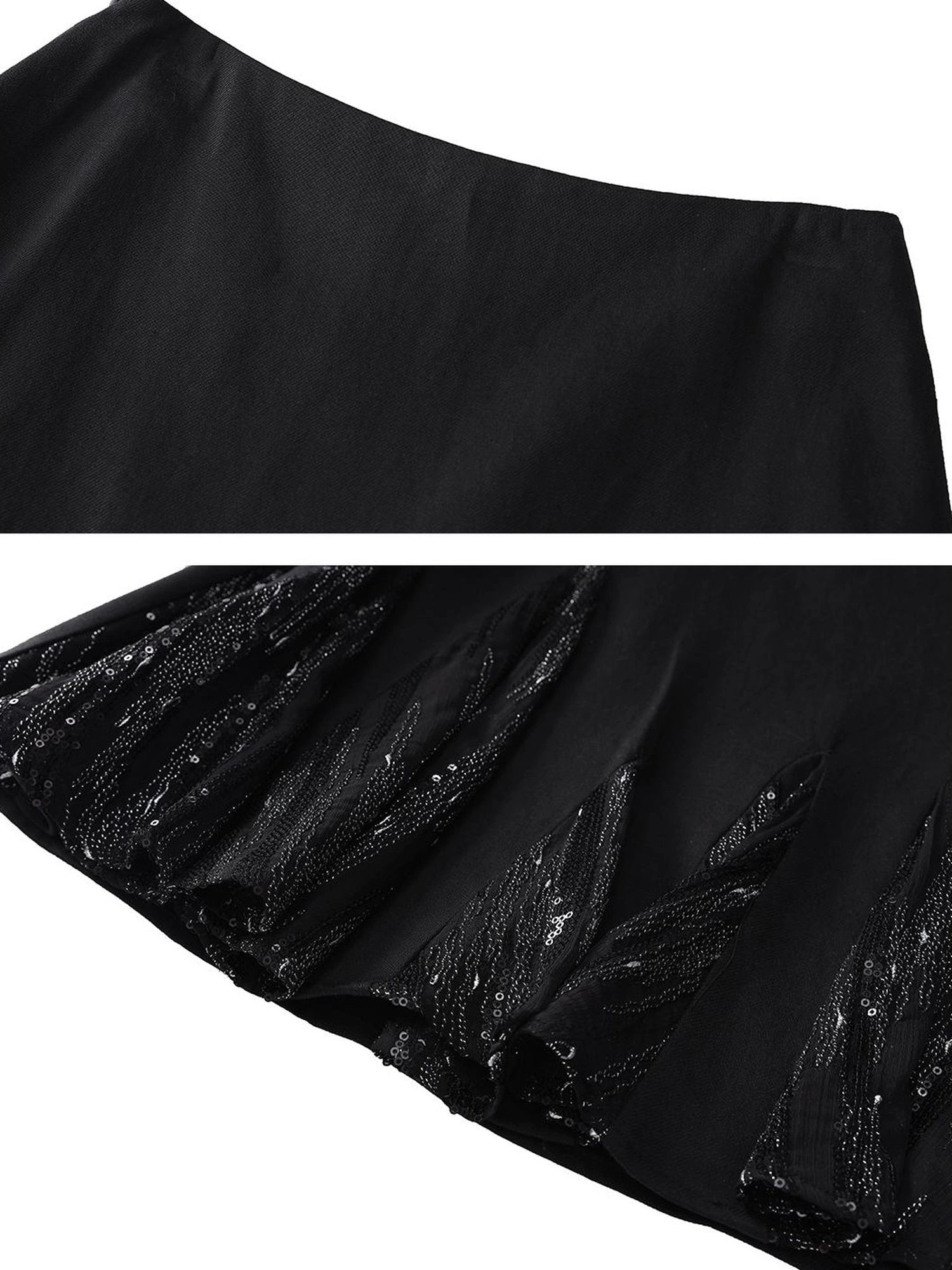 Outmode Pleated Sequin Trim Black Maxi Skirt