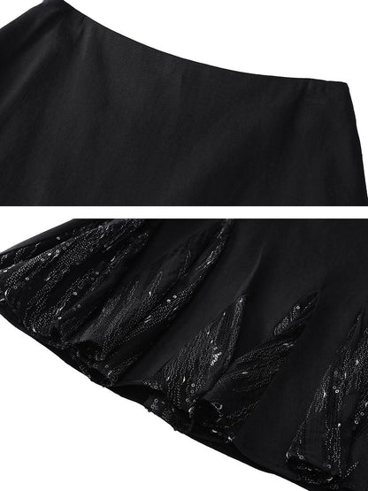 Outmode Pleated Sequin Trim Black Maxi Skirt