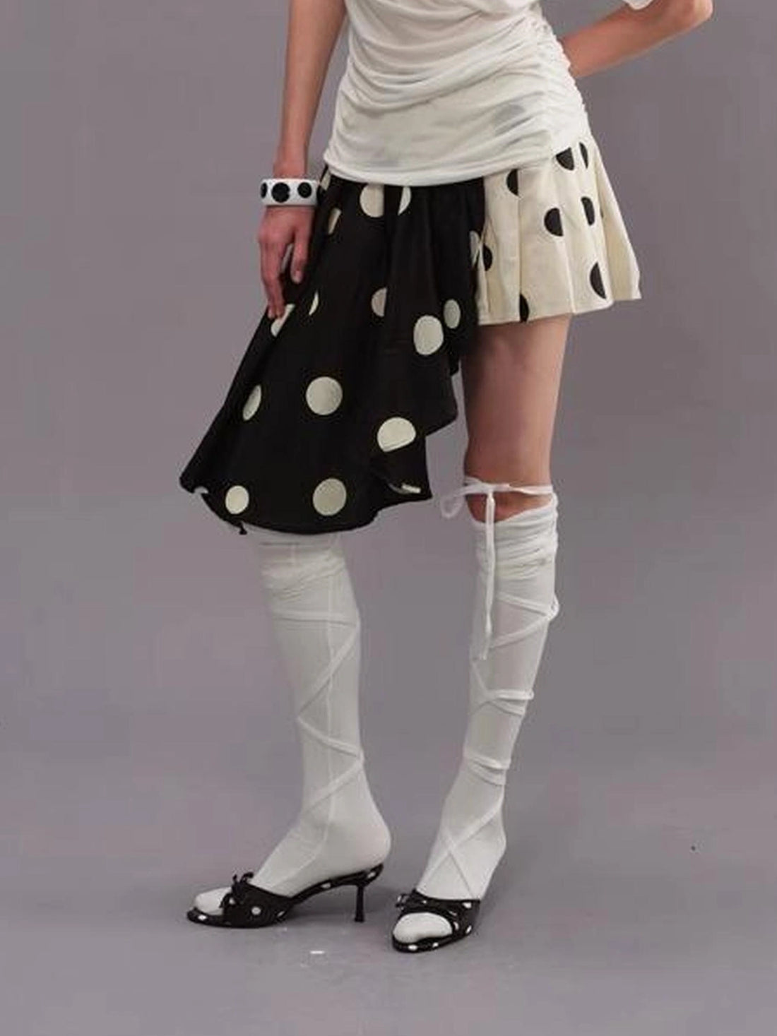 Polka Dot Color Block Pleated Skirt