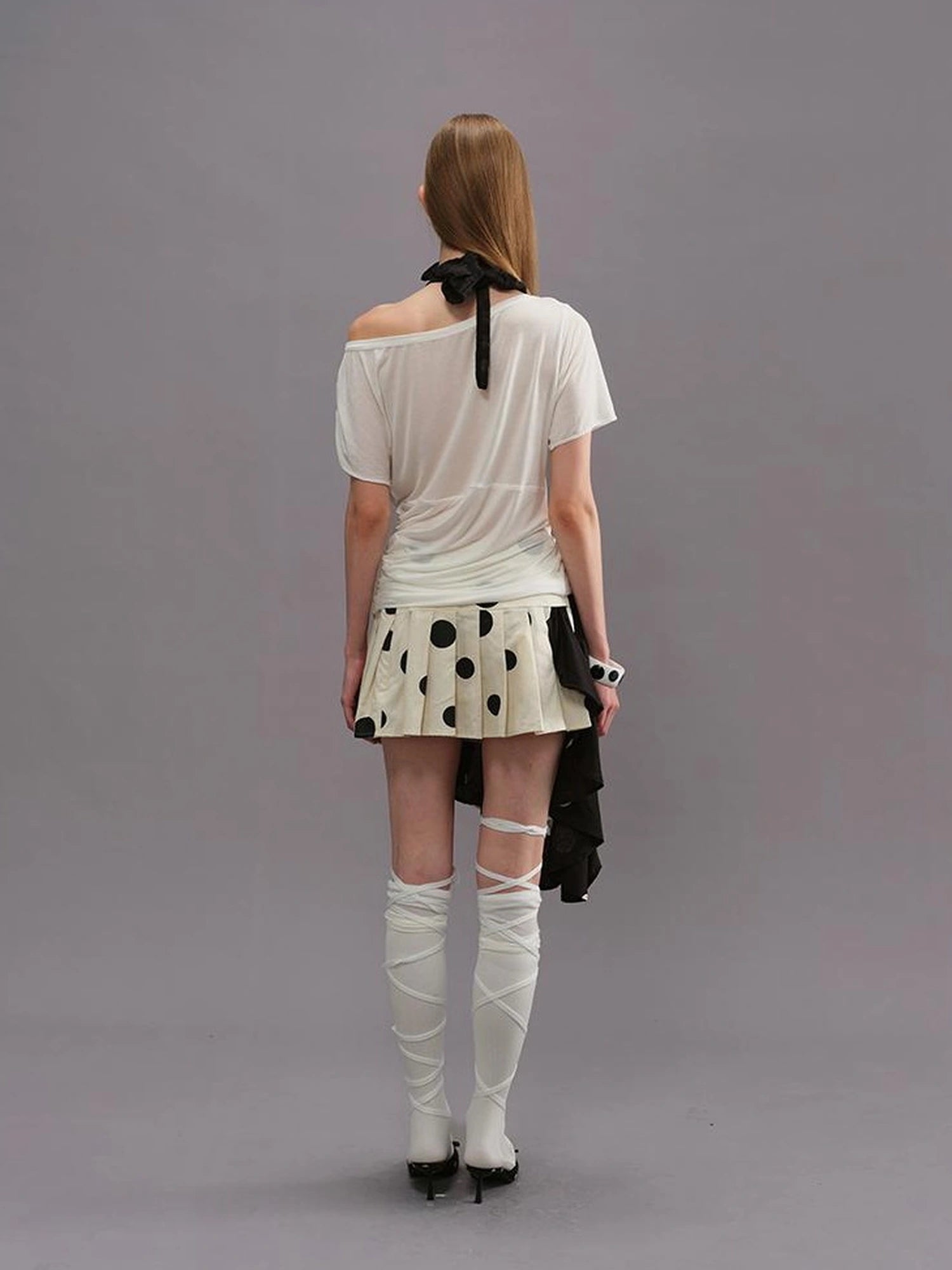 Polka Dot Color Block Pleated Skirt