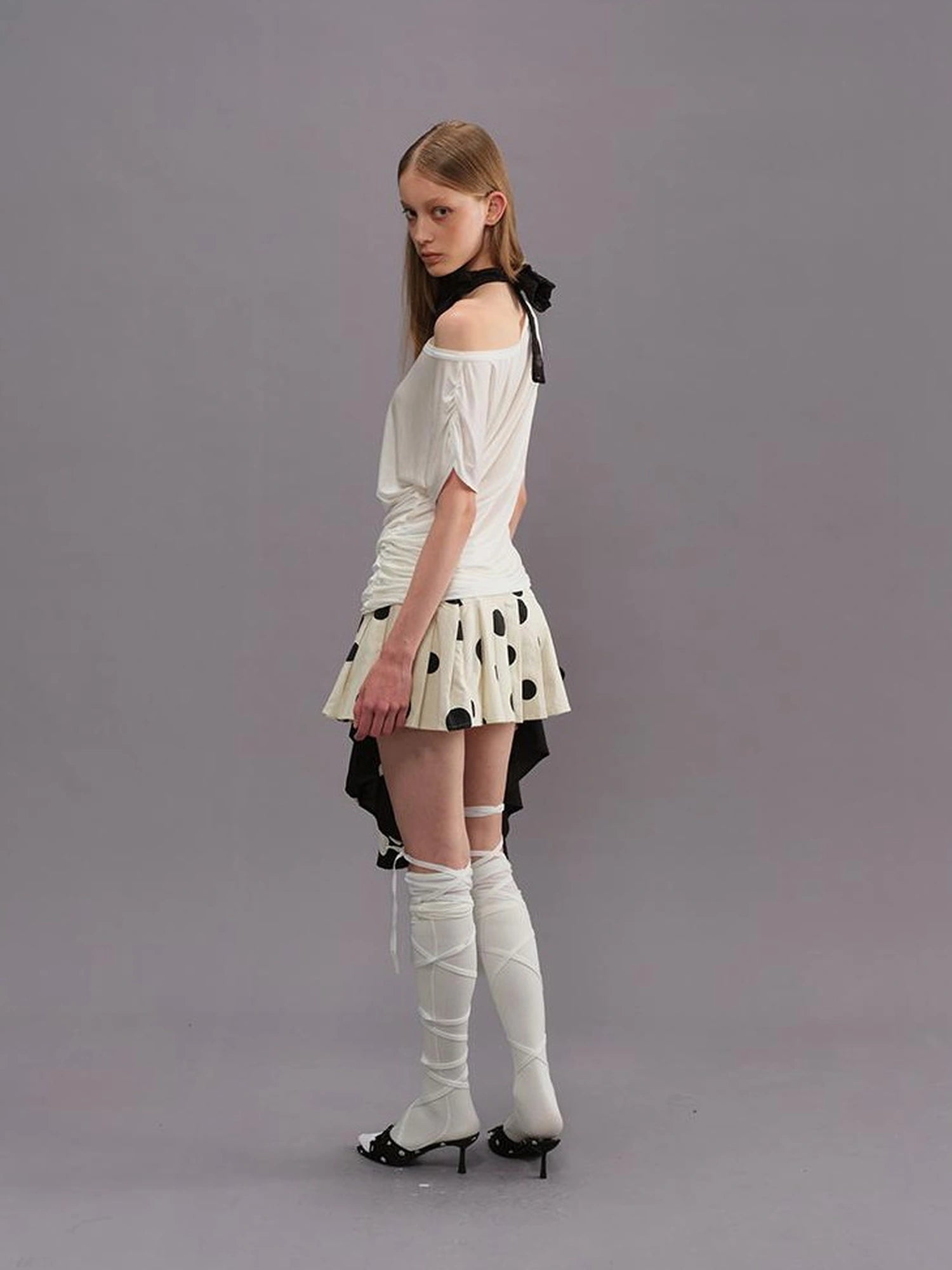 Polka Dot Color Block Pleated Skirt