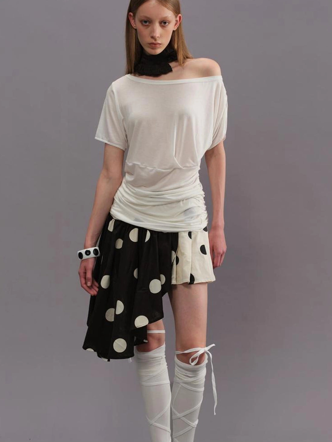Polka Dot Color Block Pleated Skirt