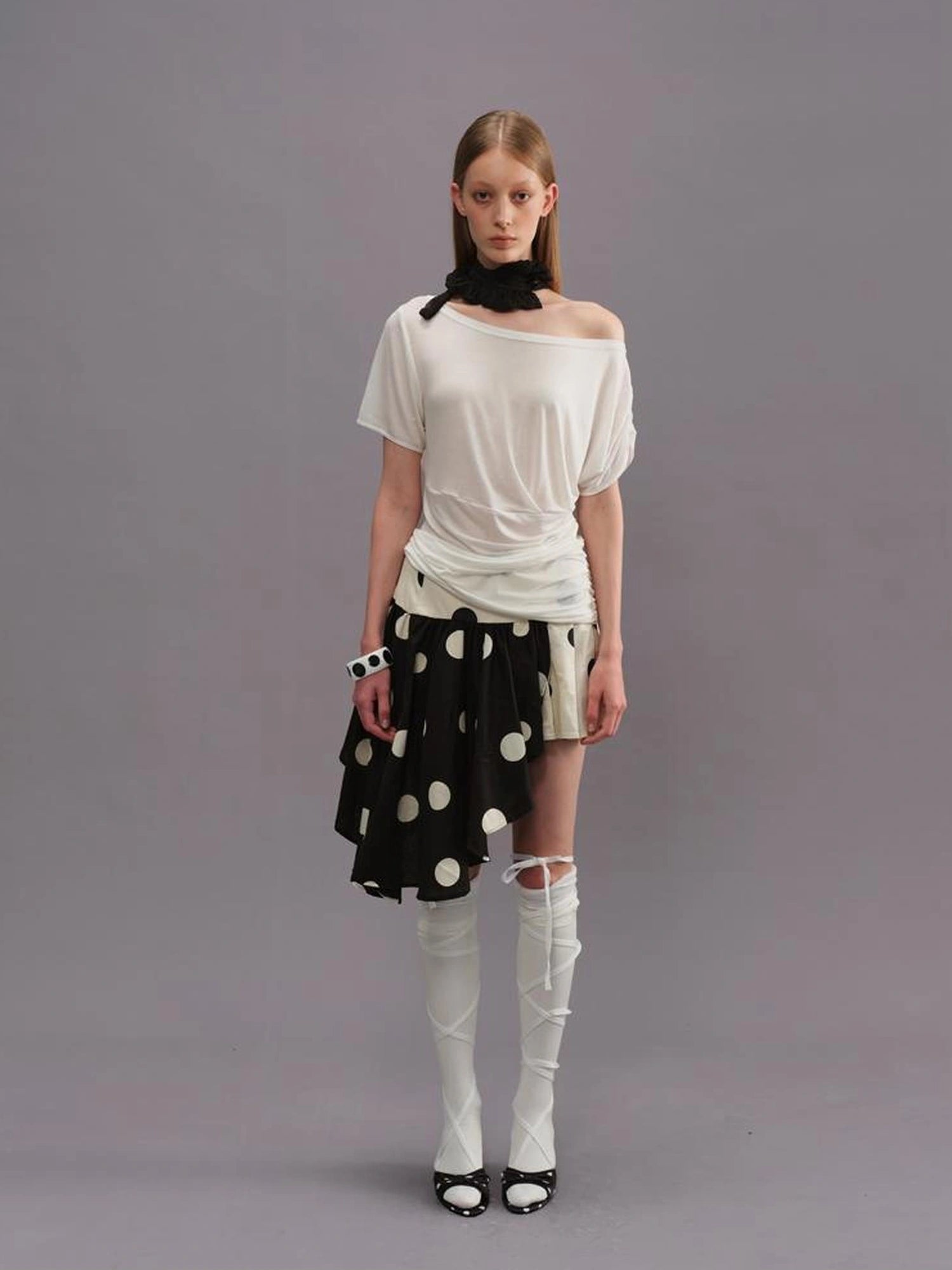 Polka Dot Color Block Pleated Skirt