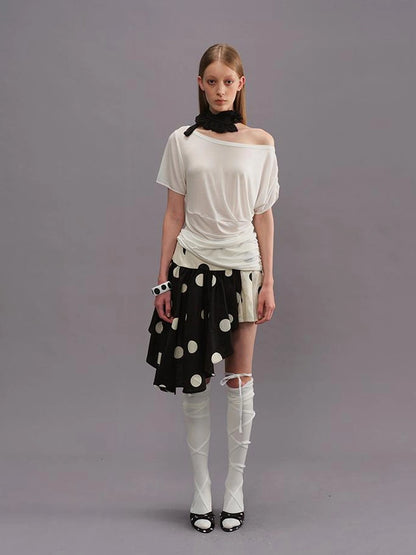 Polka Dot Color Block Pleated Skirt