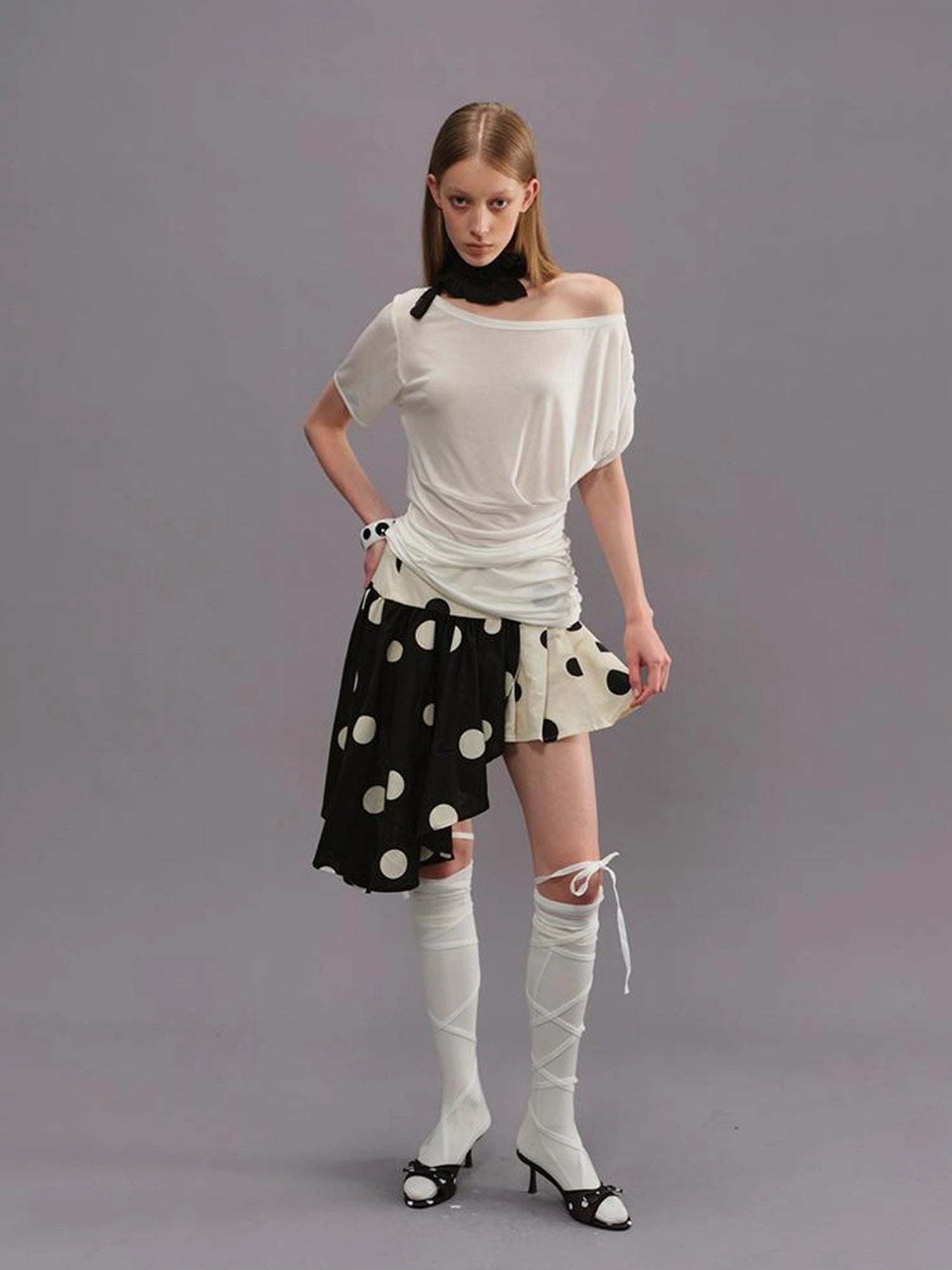 Polka Dot Color Block Pleated Skirt