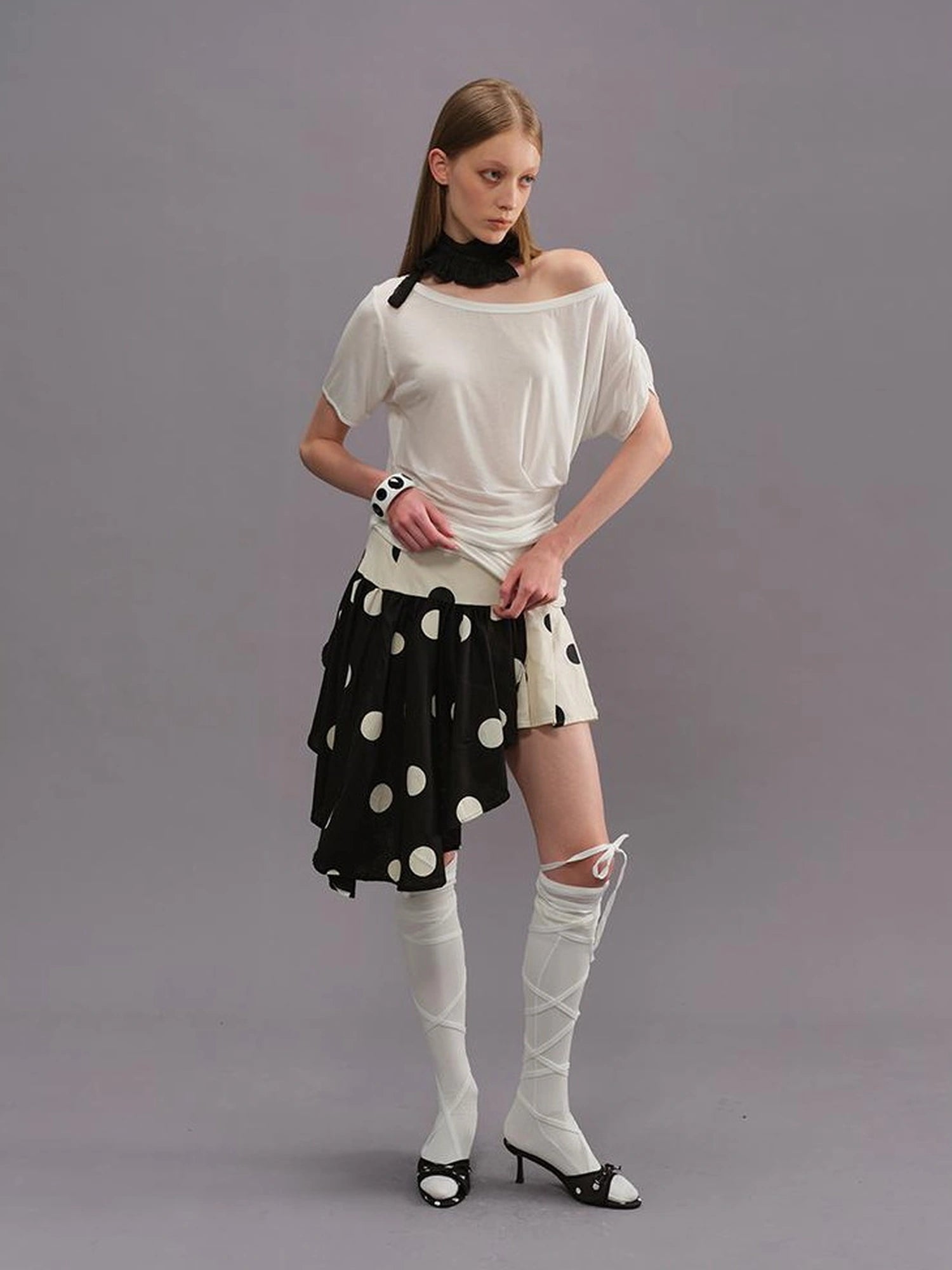 Polka Dot Color Block Pleated Skirt