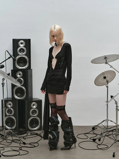 Outmode Punk Studded Ribbon Tie Dress V-neck T-shirt Long Sleeve