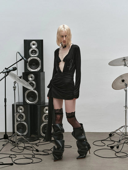 Outmode Punk Studded Ribbon Tie Dress V-neck T-shirt Long Sleeve