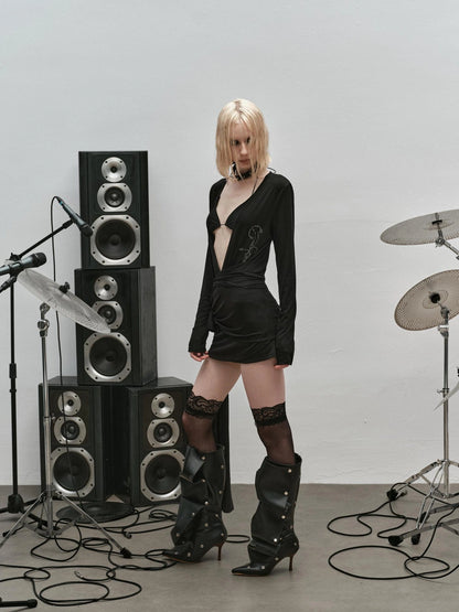 Outmode Punk Studded Ribbon Tie Dress V-neck T-shirt Long Sleeve