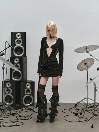 Outmode Punk Studded Ribbon Tie Dress V-neck T-shirt Long Sleeve