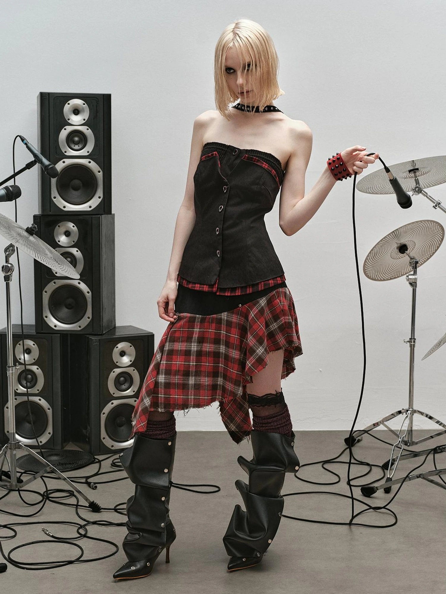 Outmode Rock N Roll Checkered Corset Set Skirt