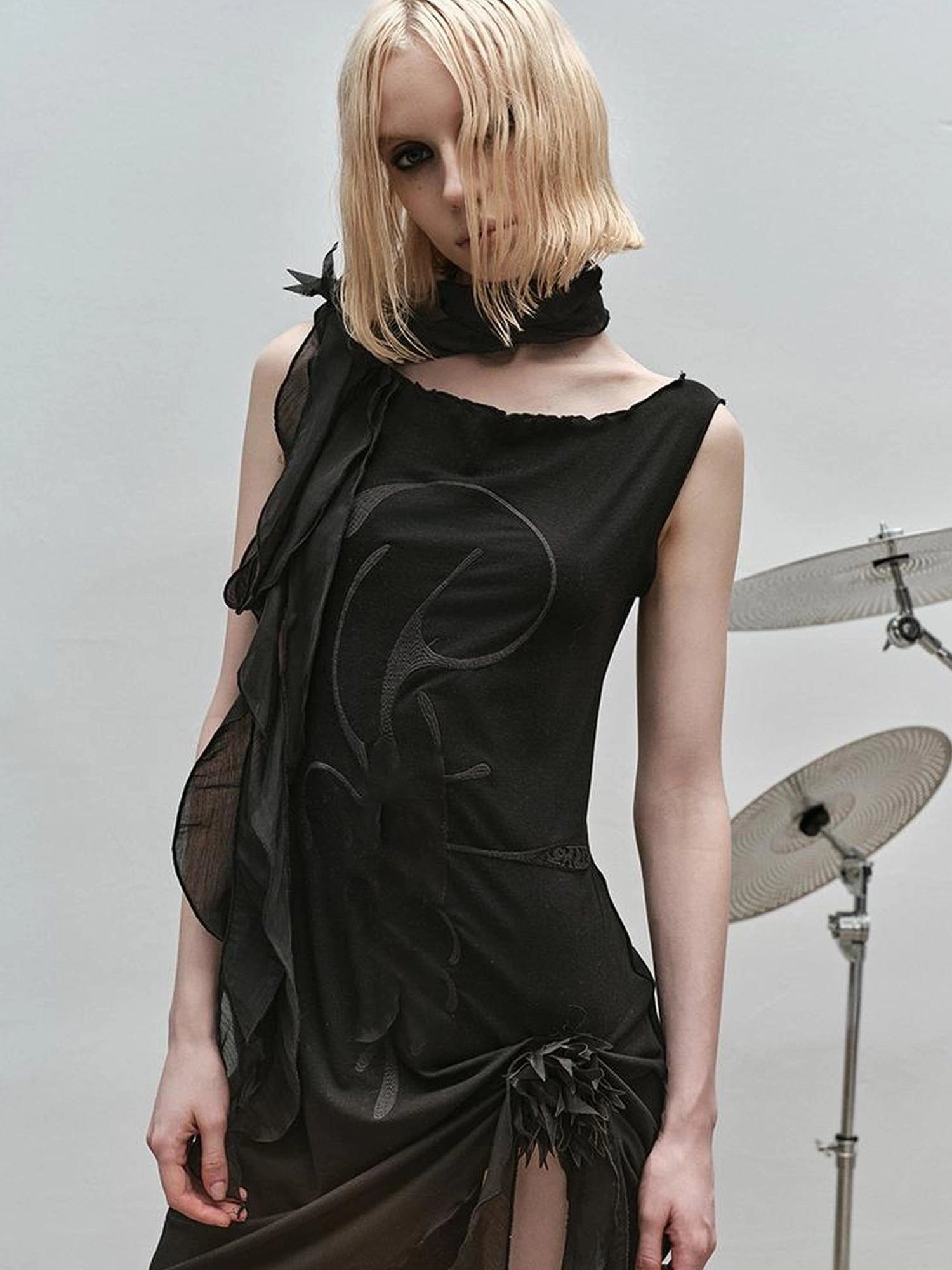 Outmode Rock N Roll Embroidered Punk Ribbon Trim Dress