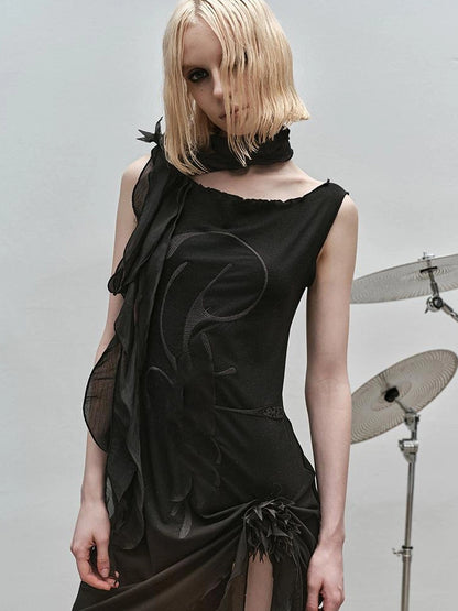 Outmode Rock N Roll Embroidered Punk Ribbon Trim Dress
